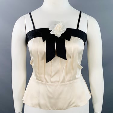 CHANEL Vintage 90s Size 10 Black Cream Silk Camisole Camellia Dress Top