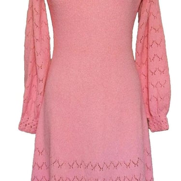 Vintage 70s Pink Knit Dress, Peekaboo Sleeves, Crochet Trim, M Women 