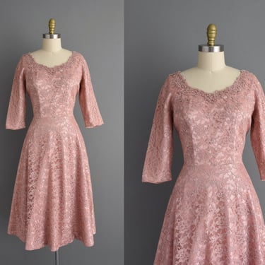 1950s vintage dress | Gorgeous Mauve Pink Floral Lace Bridesmaid Wedding Dress | Large | 50s dress 