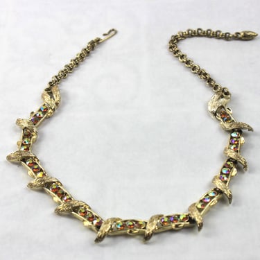 Vintage Rhinestone Choker Bib Necklace Aurora Borealis Topaz Gold Vermeil 
