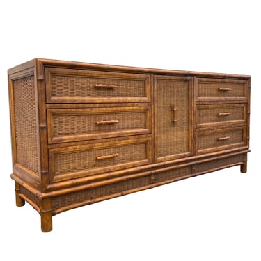 Vintage Hollywood Regency Dresser by American of Martinsville 69" Long with 9 Drawers, Faux Bamboo Wood & Rattan Wicker - Coastal Credenza 