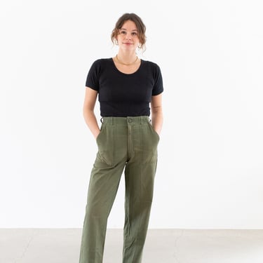 Vintage 27 28 Waist Olive Green Army Pants | Unisex Cotton Poly Utility Fatigues Military Trouser | Zipper Fly | F463 