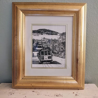 Vintage 1980's Martin Tang 18.5" x 15 3/4" Black & White Sketch Signed and Framed San Francisco Cable Car City View Scene Alcatraz 