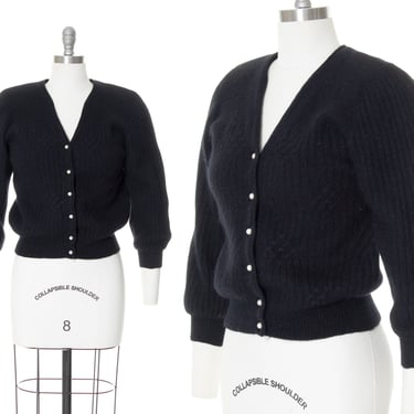 Vintage 1980s Cardigan | 80s Knit Wool Angora Black Fuzzy Soft Cropped Long Sleeve Sweater (small/medium) 