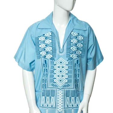 1970's The Bagshaws Powder Blue and White Geometric Print Tiki Shirt Size XL