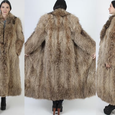 Full Length Tanuki Fur Jacket, Long Brown Raccoon Overcoat, Vintage 70s Lumberjack Outdoors Coat 