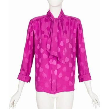 Yves Saint Laurent 1980s Vintage Heart Print Fuchsia Silk Jacquard Tie-Neck Blouse 