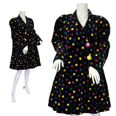 Cattiva 1980's Black Cotton Velvet Colorful Polka Dot Print Swing Coat I Sz Lrg I Plus Size I B: 50