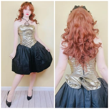 1980s Vintage Night Way Gold Lame Party Dress / 80s Ruched 3d Rosette Bubble Skirt Cocktail Gown / Small - Medium 