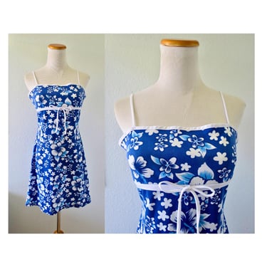 Vintage Tropical Floral Print Mini Dress - 90s Hawaiian Flower Slip Sundress - Coastal Cowgirl Surfer - Size Small / Medium 