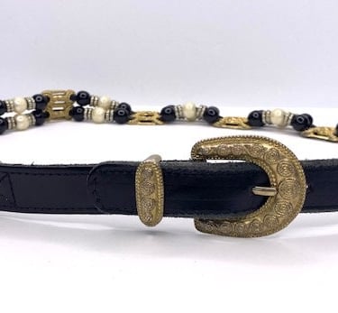 Vintage leather belt with faux pearls and gold deco, 1980's 