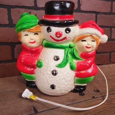 Vintage Union Products Plastic Blow Mold Christmas Snowman with Kids 