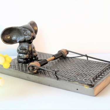 Vintage Mouse Figurine - Mouse on Mouse Trap - Metal Figurine - Paperweight - Desk - Office Decor 