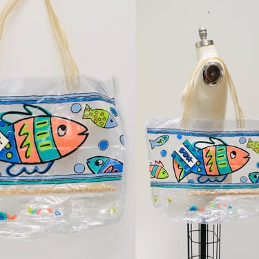 80s Vintage Large Clear Beach Bag Fish Bird Tote Purse clear Transparent Beach Bag 80s 90s Pop Art Beach Cruise Ocean Fish Vegan Bag Beach 