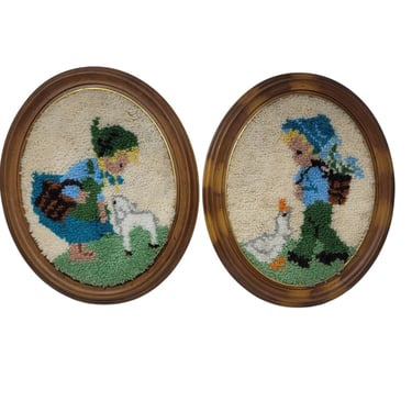 Vintage Latch Hook Girl & Boy Oval Framed Art Baby Lamb Duck Wood 17