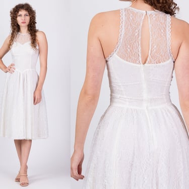 80s White Lace Fit & Flare Dress - Small | Vintage Boho Keyhole Sleeveless Racerback Midi Party Dress 