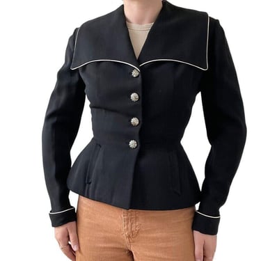 Vintage 1940s Lilli Ann Wool Black Wide Collar Sailer Fitted Blazer Sz S 