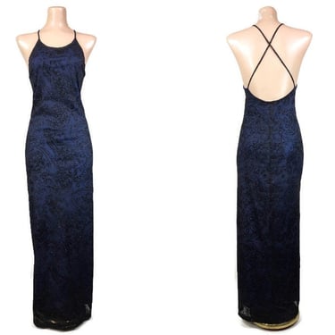 VINTAGE 90s Blue Black Mesh Long Slip Dress by Next Up Sz L | 1990s Gothic Layered Stretch Mesh Formal Party Gown | VFG 