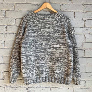 Med, Vintage Chunky Hand Knit Grey and White Sweater, Heather 