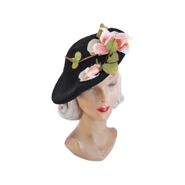 1950s Black Beret with Pink Roses - 1950s Black Tam with Pink Roses - 1950s Pink Rose Hat - Vintage Black Beret - Vintage Pink Rose Beret 