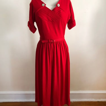 Red Knit Dress with Pleated Bust and Rhinestone Details - 1940s 