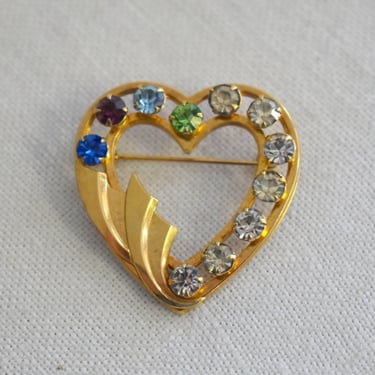 1960s Catamore 12K Gold Filled Rhinestone Heart Brooch 