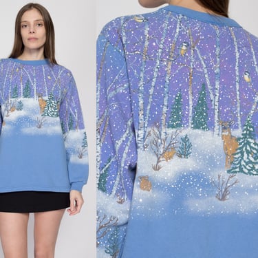 Large 90s Winter Snow Scene All-Over Print Sweatshirt | Vintage Blue Deer Forest Graphic Christmas Crewneck 