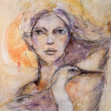 Expressive Female Portrait Painting -Mixed Media Female Face Portrait - Colorful Art - Art Gift -9x12 - Ready to Frame Original Art 