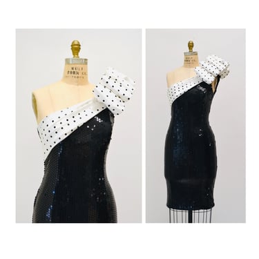 80s Prom Dress Metallic Black Sequin polka dot Party Dress Size XXS XS One Shoulder Assymetrical Black Sequin Body Con dress Lillie Rubin 