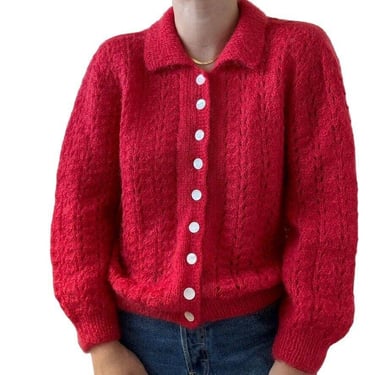 Vintage Hand Knit Coral Pink Mohair Fluffy Fuzzy Lace Boho Cardigan Sz M 