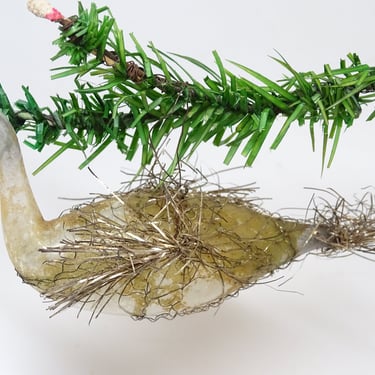 Antique Victorian Wire Wrapped Mercury Glass Swan Christmas Tree Ornament with Tinsel Tail, Vintage Hand Blown Bird 
