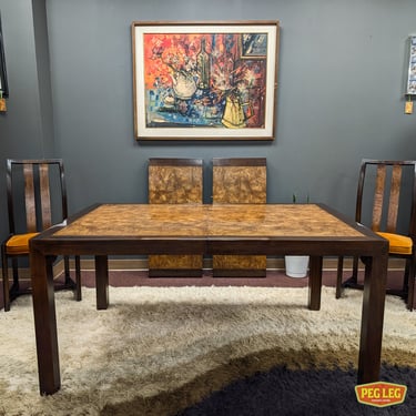 Vintage burlwood and walnut dining table with two drop-in extensions