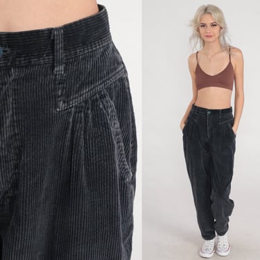 Black Corduroy Pants 80s Trousers High Waisted Pleated Tapered Pants 1980, Shop Exile