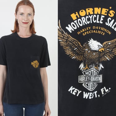 Harley Davidson Motorcycles Pocket T-Shirt, Vintage 80s 2 Sided Front Back Logo, Key West Florida Biker Dealer Tee 