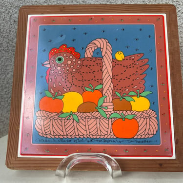 Vintage large tile wood trivet Chicken in a basket by Taylor Ng San Francisco CA 