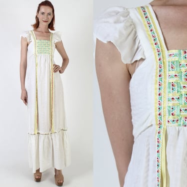 Joseph Magnin Braided Act 1 Brand Cottagecore Maxi, Vintage 70s Boho Wedding Dress, Long White Pinafore Style Hippie Gown 