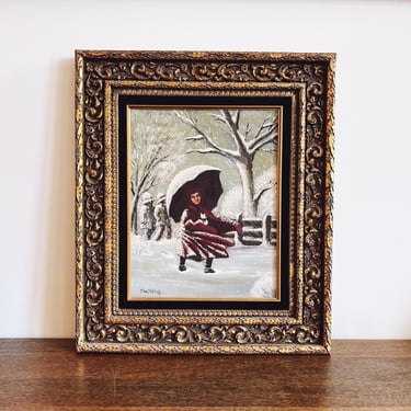 Vintage Original Oil Painting - Woman in the Snow 