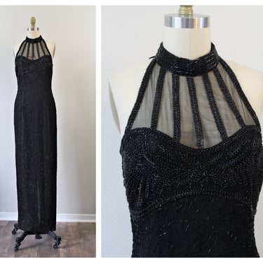 Vintage 80's Black Dynasty SILK Halter Collar Beaded Trophy Maxi Dress Evening Cocktail Event by Stenay // US 6 Small 