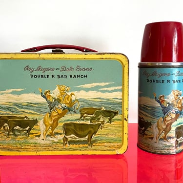 Vintage 1950s Roy Rogers Metal Lunch Box & Thermos | Roy Rogers and Dale Evans with their horse Trigger! | Retro Home Decor Kitchen Display 