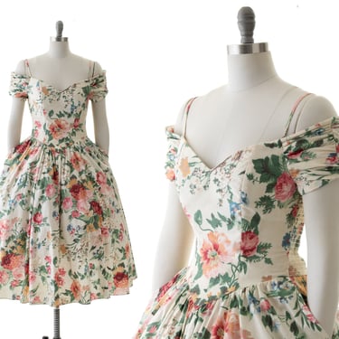 Vintage 1980s Dress | 80s KARIN STEVENS Romantic Rose Floral Print Cotton Sweetheart Off Shoulder Fit and Flare Day Dress (small/medium) 