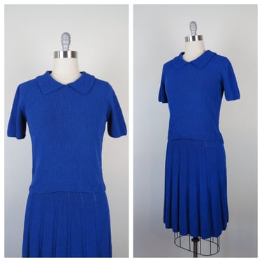 Vintage 1950s knit set skirt and top blue hand knit 2 piece 