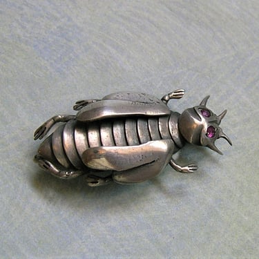 Antique Victorian Sterling Silver Bug Brooch Pin with Ruby Eyes, Silver and Ruby Bug Pin, Old Bug Pin (#3945) 