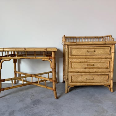 Vintage Coastal Bamboo Nightstand and Side Table – Set of Two 