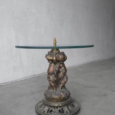 Antique 19th Century Patinated Bronze and Glass Putti Side Table 