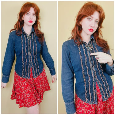 1990s Vintage Dark Wash Ruffled Tuxedo Blouse / 90s Newport News Western Denim Shirt / Size Large 