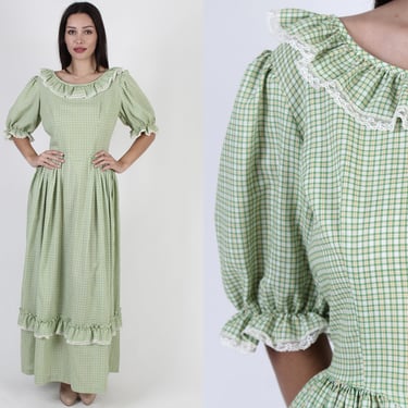 Vintage 70s Pilgrim Folk Dress / Country PrairieCore Checkered Dress / Western Prairie Homespun Maxi Dress 