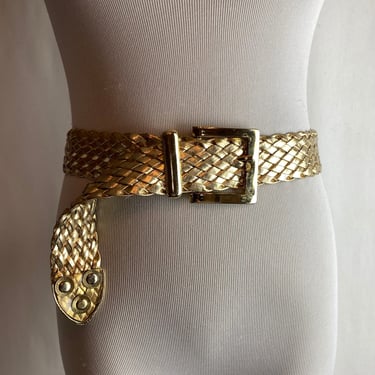 Vintage 80’s woven shiny gold belt~ braided boho statement dress belt~ retro glam rock open size up to 31” waist /medium 