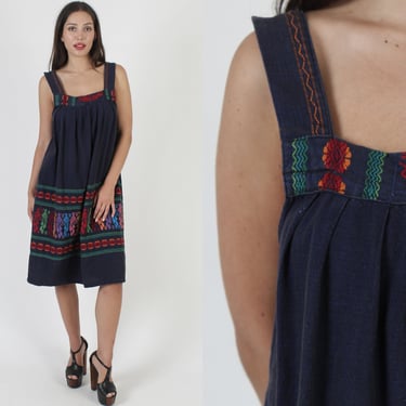 Traditional Aztec Bird Embroidered Guatemalan Tent Dress, Authentic Heavyweight Navy Cotton, Mexican Market Tank Sundress 