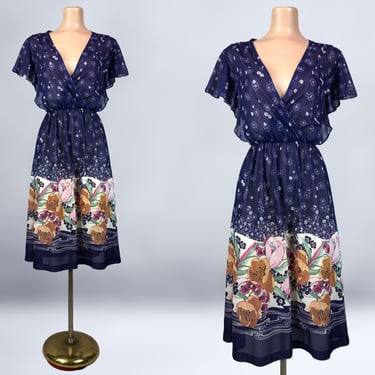 VINTAGE 70s Navy Blue Border Print Sheer Floral Dress with Flutter Sleeves | 1970s BOHO Disco Dress | VFG 
