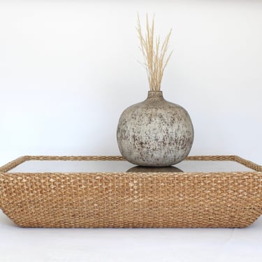 Italian Raffia and Glass Top Coffee Table Attributed to Bocacina c1970